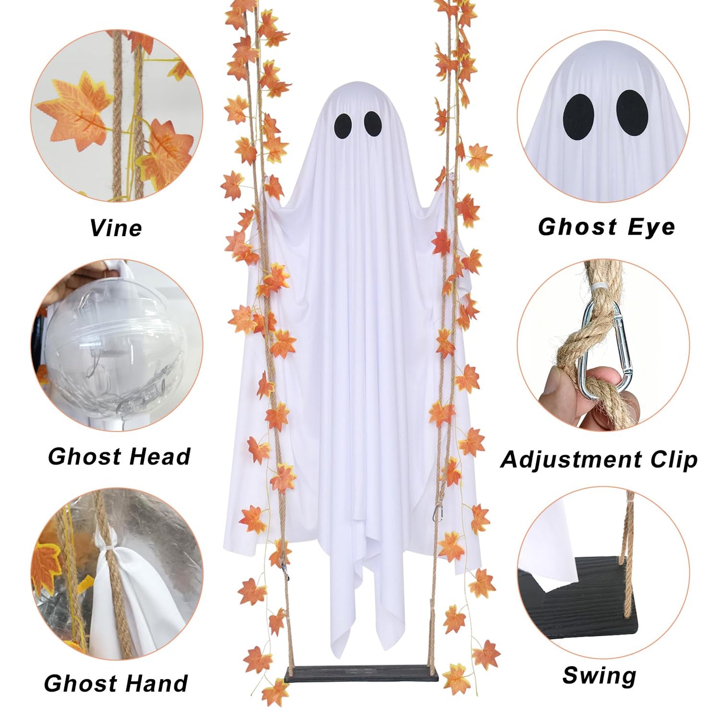 Halloween Decorations Outdoor 3.7FT Pre-Assembled Hanging Swing Ghost with Remote Lights Spooky Hanging Ghosts for Porch Yard Tree Party