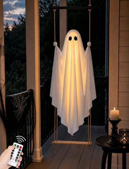 Halloween Decorations Outdoor 3.7FT Pre-Assembled Hanging Swing Ghost with Remote Lights Spooky Hanging Ghosts for Porch Yard Tree Party