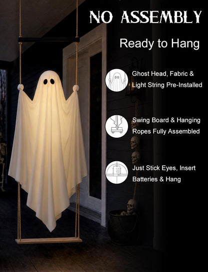 Halloween Decorations Outdoor 3.7FT Pre-Assembled Hanging Swing Ghost with Remote Lights Spooky Hanging Ghosts for Porch Yard Tree Party