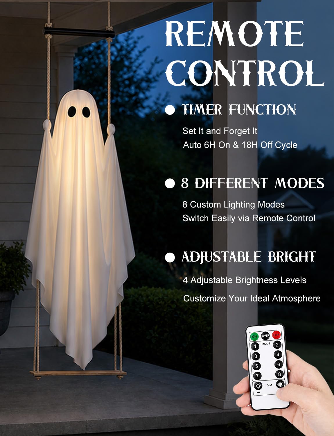 Halloween Decorations Outdoor 3.7FT Pre-Assembled Hanging Swing Ghost with Remote Lights Spooky Hanging Ghosts for Porch Yard Tree Party