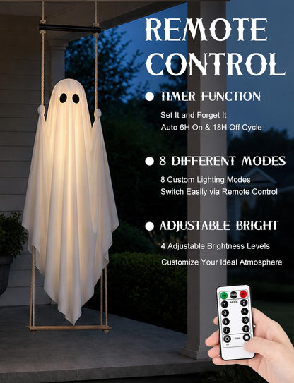 Halloween Decorations Outdoor 3.7FT Pre-Assembled Hanging Swing Ghost with Remote Lights Spooky Hanging Ghosts for Porch Yard Tree Party
