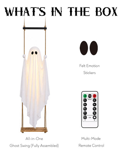 Halloween Decorations Outdoor 3.7FT Pre-Assembled Hanging Swing Ghost with Remote Lights Spooky Hanging Ghosts for Porch Yard Tree Party