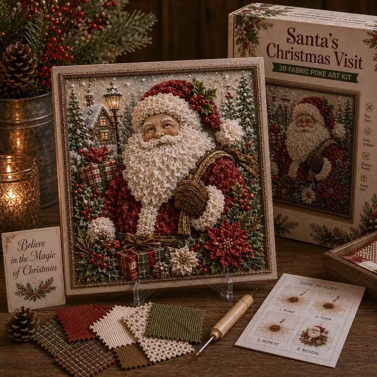 🔥 LAST DAY 50% OFF – 🎄🧵 Premium 3D Christmas Fabric Poke Art Kit | No-Sew Holiday Craft with Pre-Punched Board, Fabric Squares & Display Stand 🎅✨