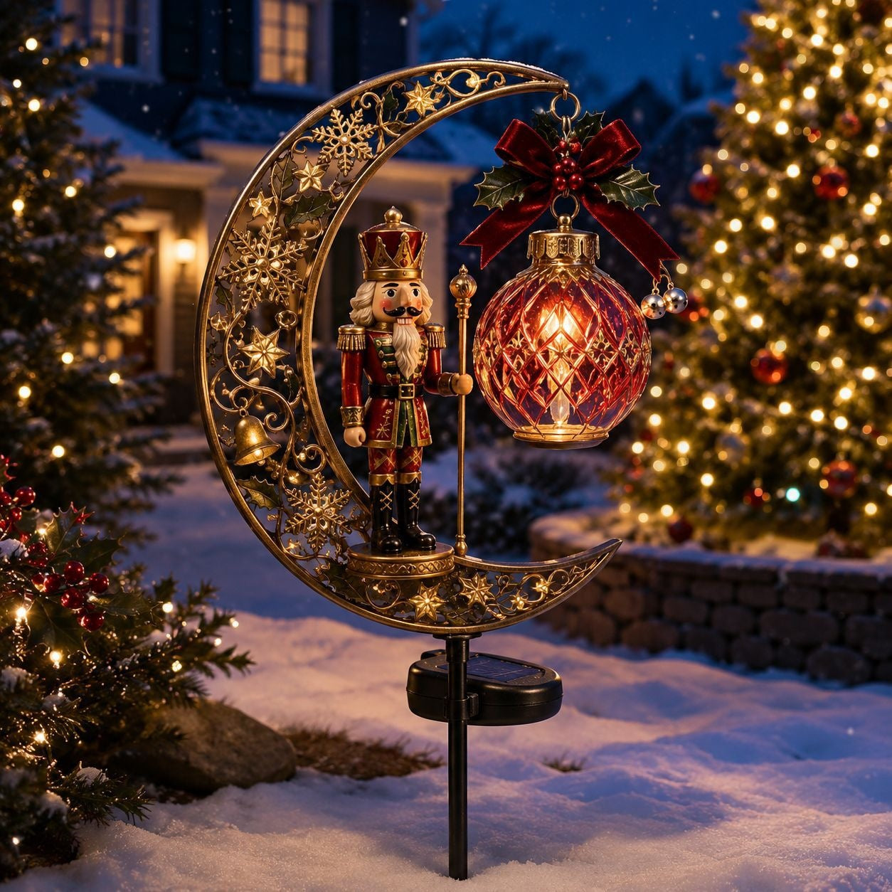 Christmas Solar Crescent Moon Garden Stake Light – Cardinal, Angel & Nutcracke
