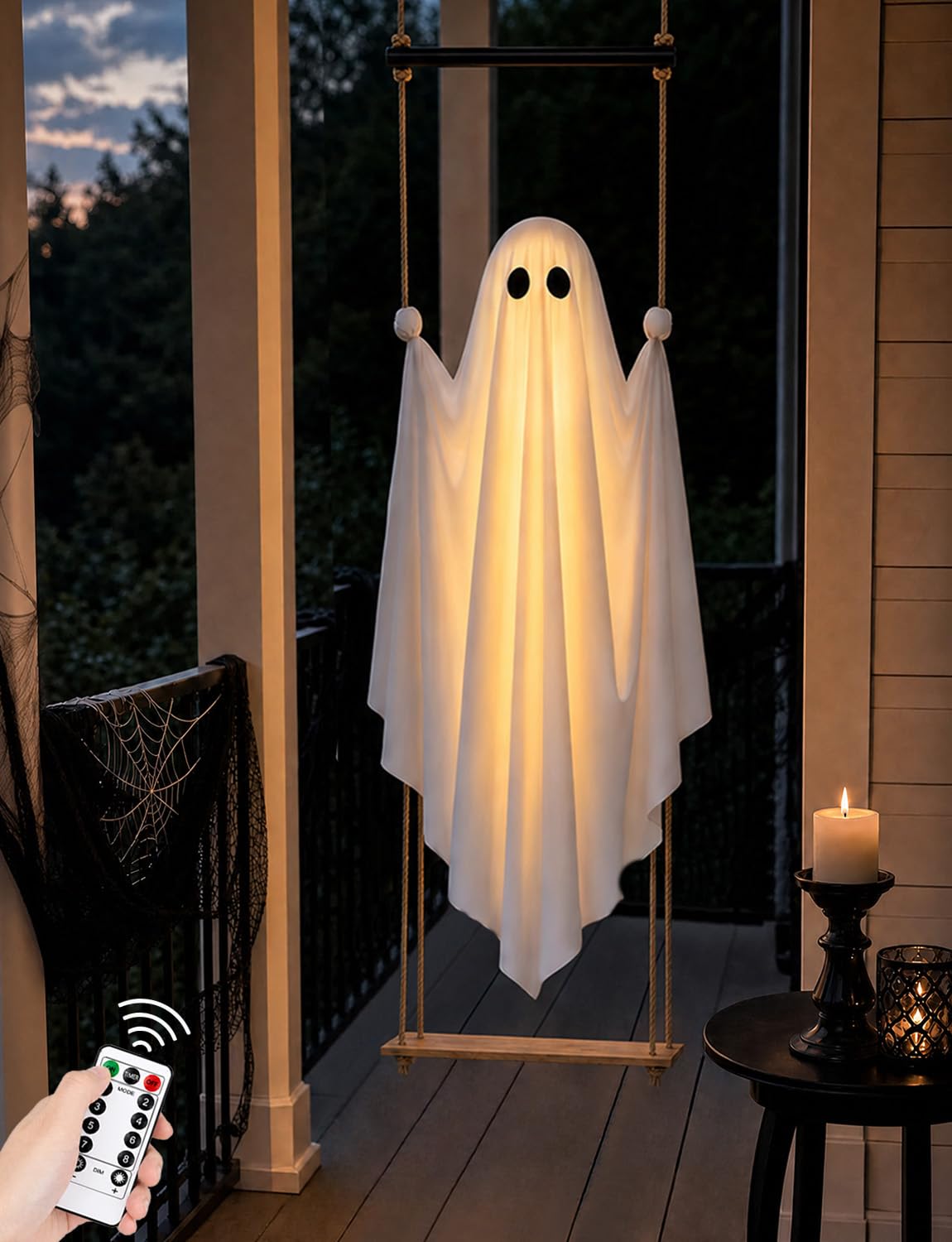 Halloween Decorations Outdoor 3.7FT Pre-Assembled Hanging Swing Ghost with Remote Lights Spooky Hanging Ghosts for Porch Yard Tree Party