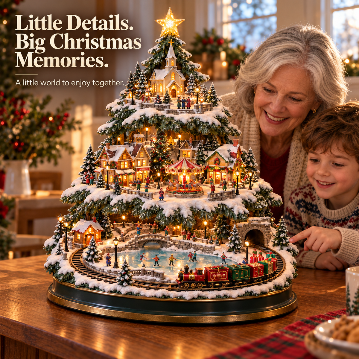 ⛷️ Lighted Christmas Village Tree – With Train& Carousel