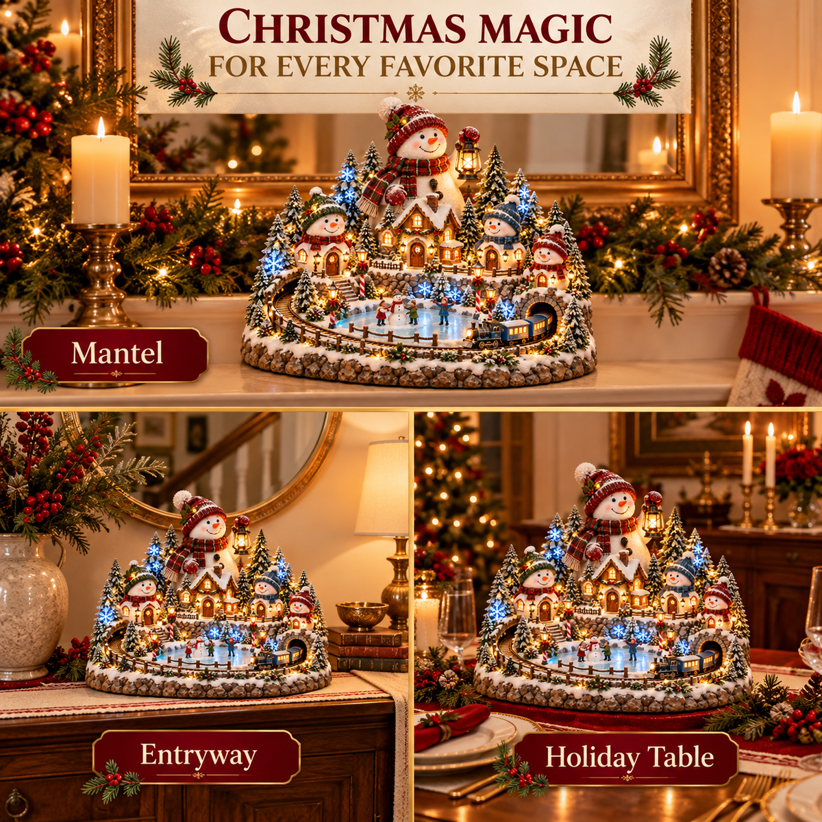 ⛄✨ Snowman Lantern Village™ – Animated Lighted Christmas Train & Winter Village Centerpiece
