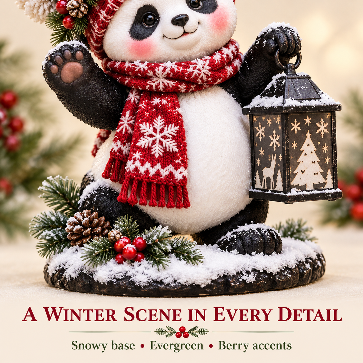 Merry Panda Lantern – Light-Up Christmas Panda Figurine