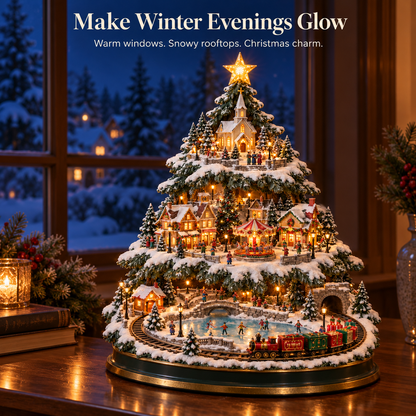 ⛷️ Lighted Christmas Village Tree – With Train& Carousel