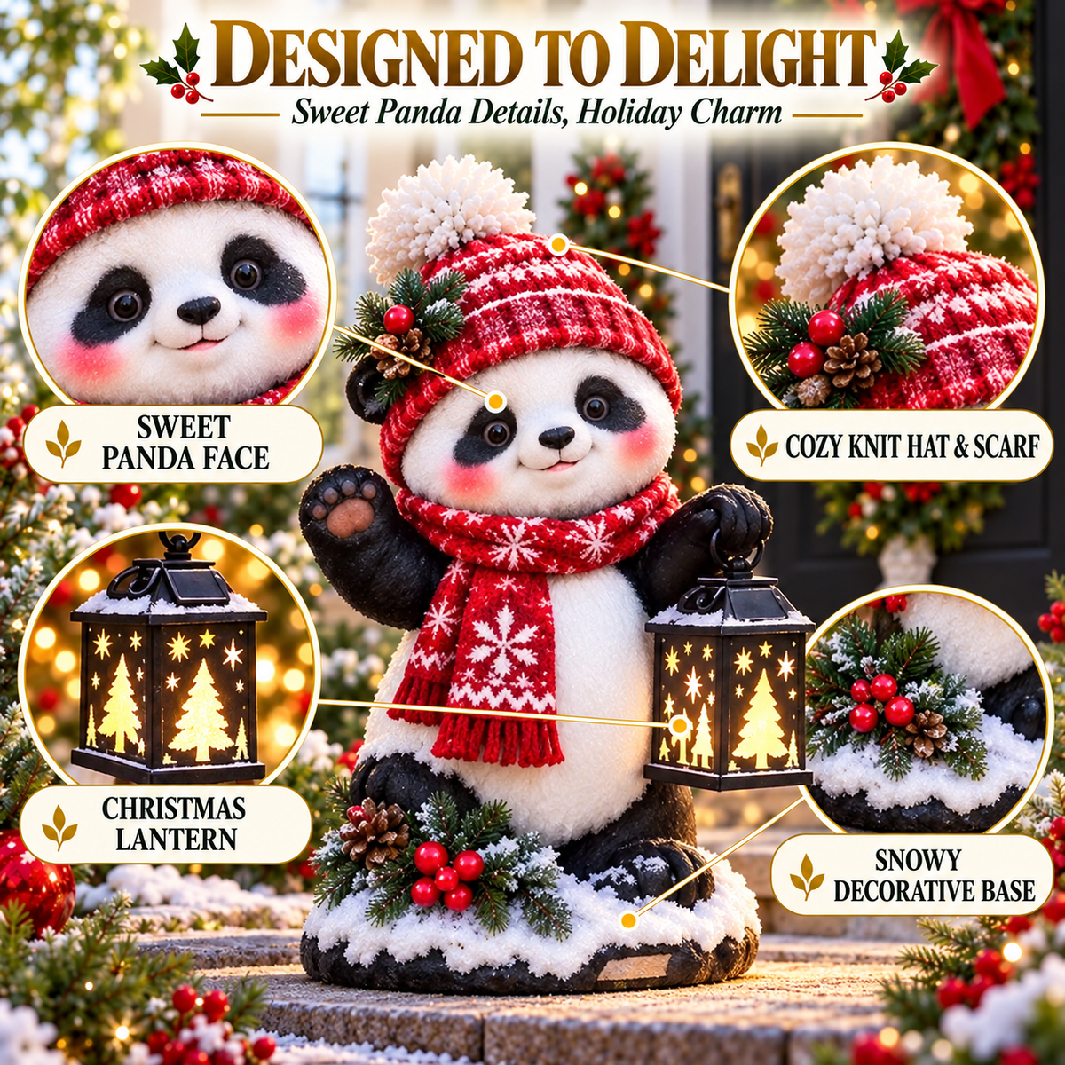 Merry Panda Lantern – Light-Up Christmas Panda Figurine