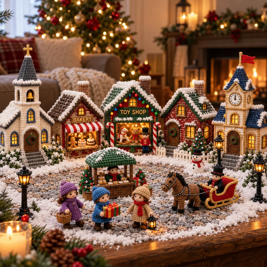 Crochet Christmas village with lampposts, miniature trees, a market stall and snowy cobblestone details