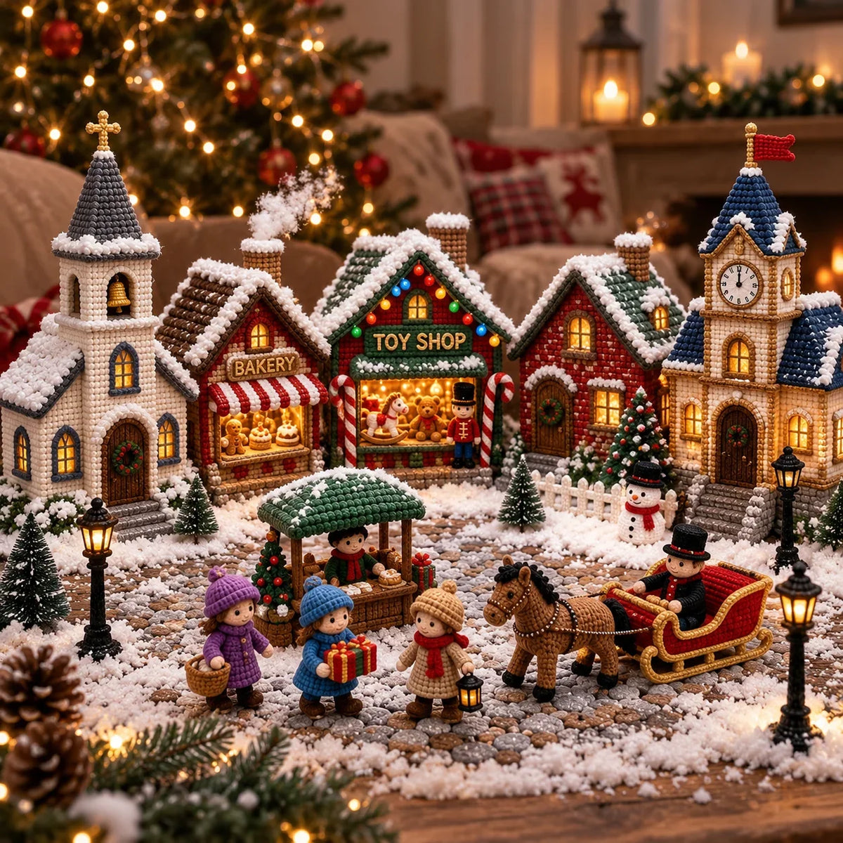 Finished-project inspiration for a miniature crocheted Christmas village with a church, bakery, toy shop, houses, clock tower and snowy streets