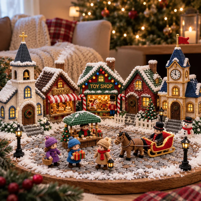 A colorful Christmas village displayed beside a glowing Christmas tree