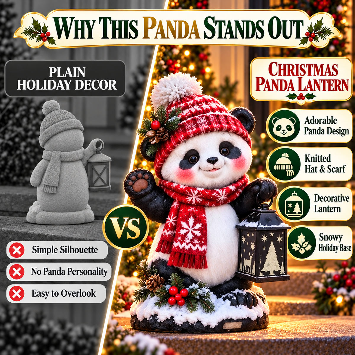 Merry Panda Lantern – Light-Up Christmas Panda Figurine