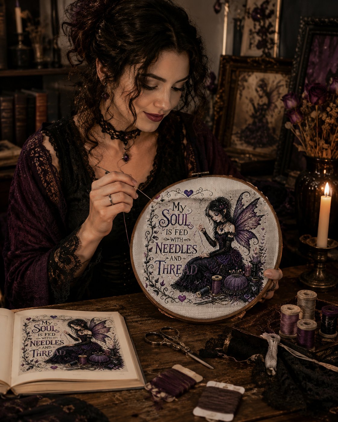 🔥Last Day 50% OFF - 💜 Soul Fed Gothic Fairy Cross Stitch Kit | Mindful Dark Academia Craft Kit for Stress Relief, Slow Living & Handmade Wall Art Decor ✨