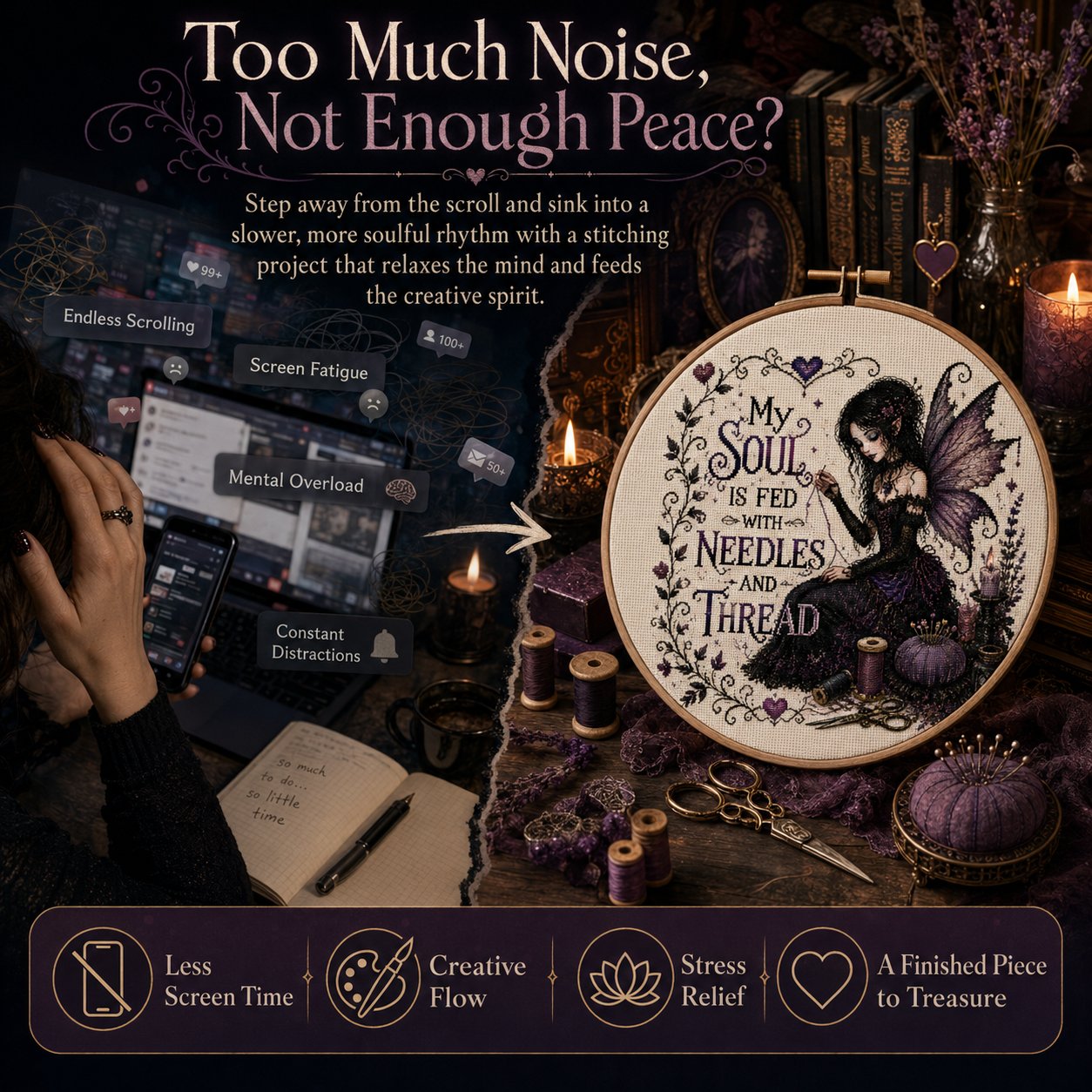 🔥Last Day 50% OFF - 💜 Soul Fed Gothic Fairy Cross Stitch Kit | Mindful Dark Academia Craft Kit for Stress Relief, Slow Living & Handmade Wall Art Decor ✨