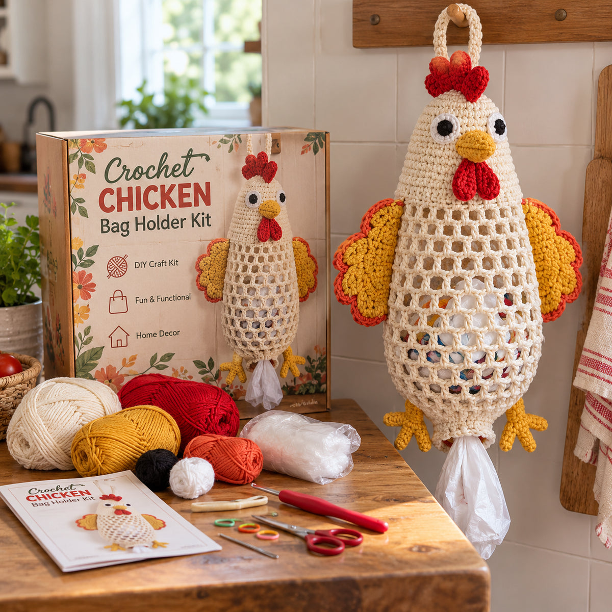 Chicken Crochet Bag Holder DIY Kit with yarn hook and instructions