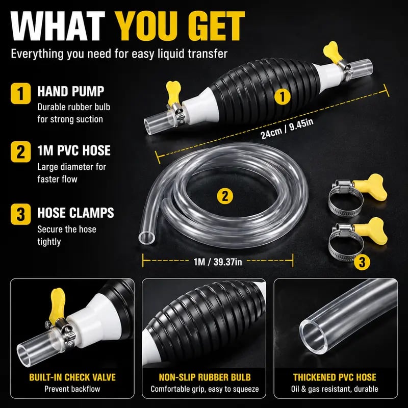 🔥LAST DAY 50% OFF - ⛽Manual Siphon Pump Kit with 1M Hose, Rubber Pump Bulb & 2 Hose Clamps, Liquid Transfer Pump for Fuel Water Oil, Car Boat Motorcycle
