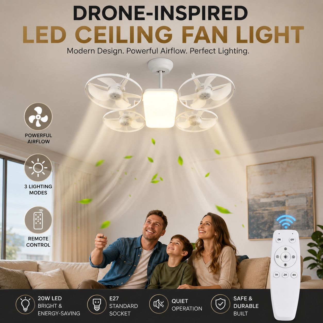 💡 E27 Socket Ceiling Fan Light – 2-in-1 LED Fan Bulb with Remote Control for Bedroom, Kitchen & Home Cooling