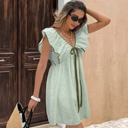 💙 Women’s Elegant Blue & White Striped V-Neck Dress