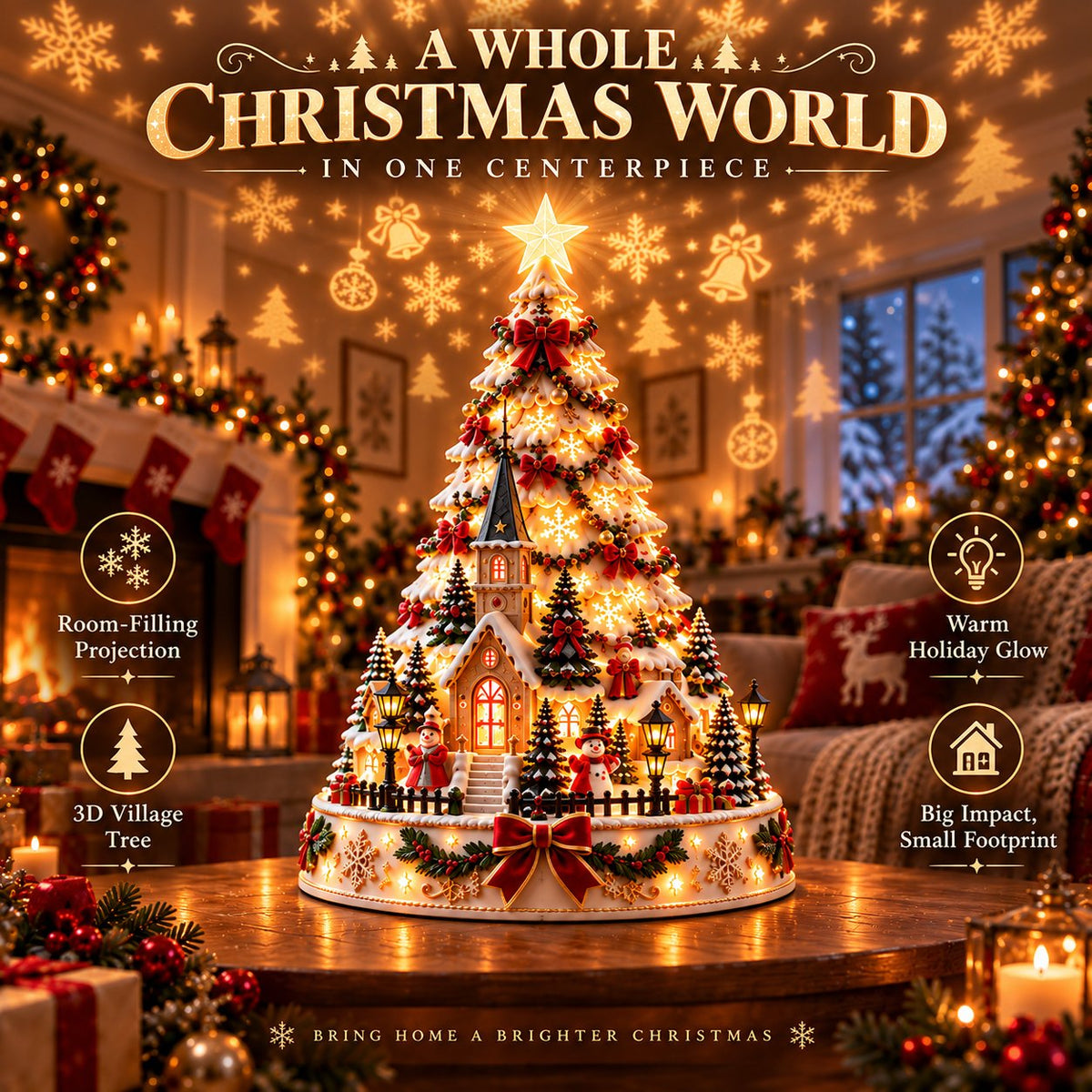 Christmas Village Lightscape Tree filling a room with festive projection
