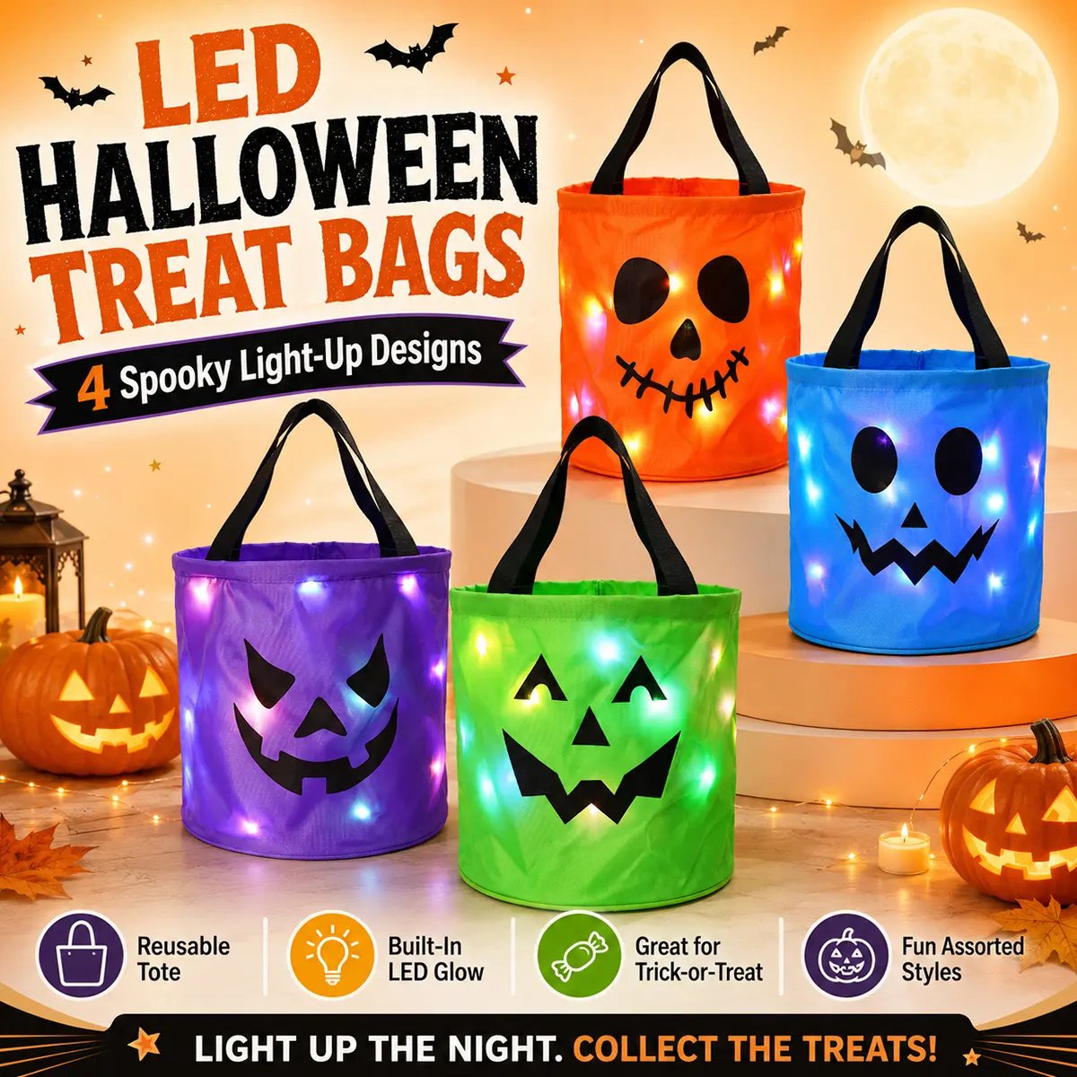 ✨Halloween Glowing Pumpkin Bags – LED Lights & Spacious Interior 🍬