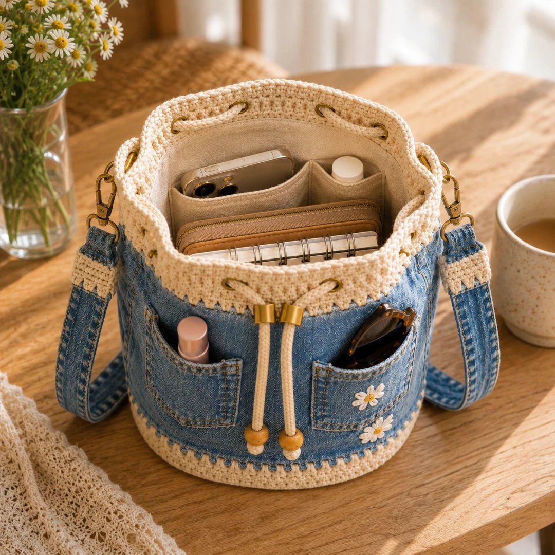 🔥HOT SALE 49% OFF✨👜Denim Crochet Bucket Bag