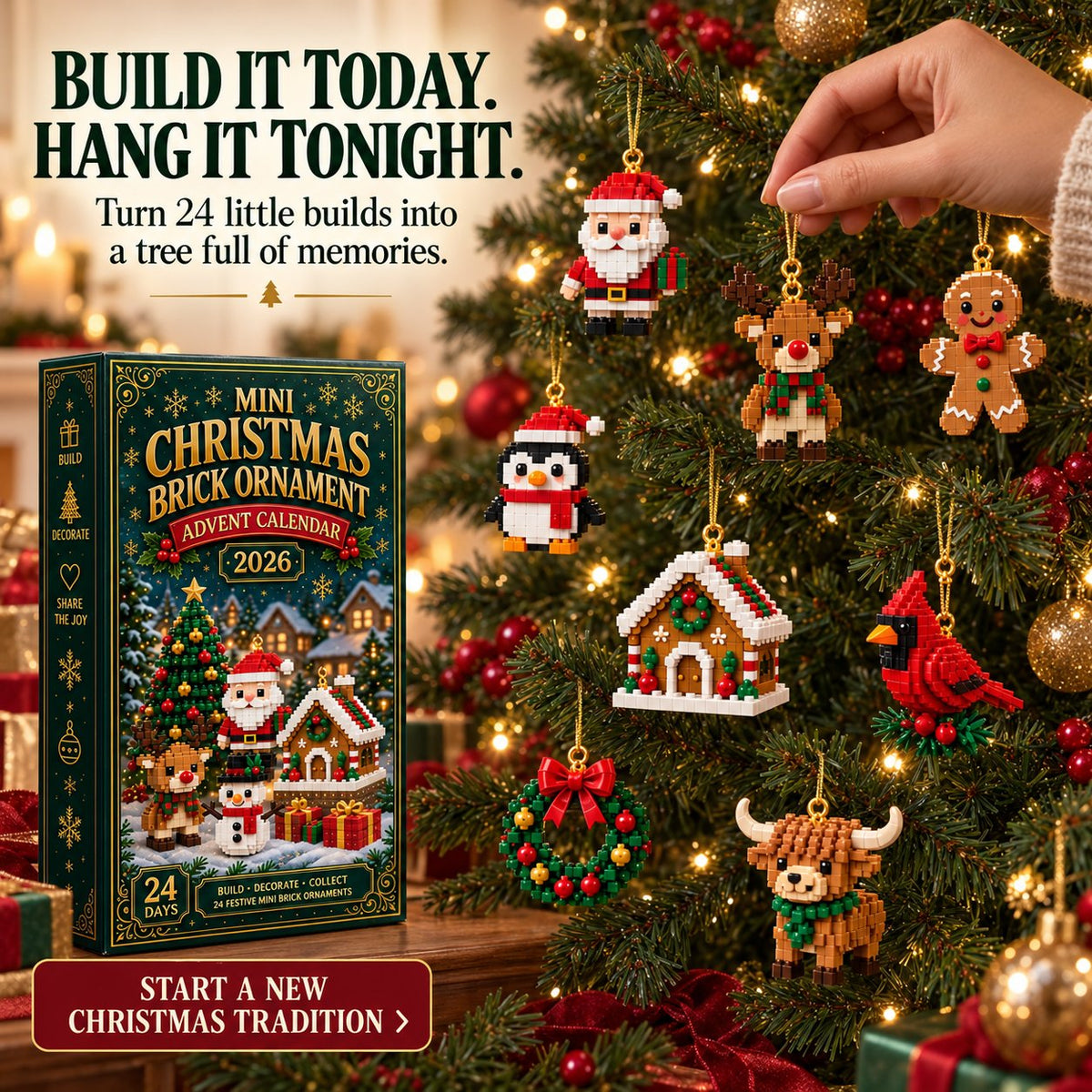Build Christmas brick ornaments and hang them on the tree