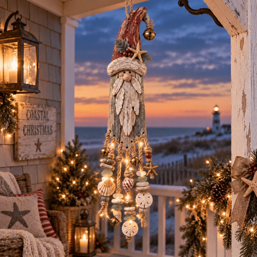 🔔Hot Sale 50% OFF🎄Vintage Coastal Santa Lighted Wall Decor – Beach House Christmas Hanging with Starfish, Shells & Warm Glow🌙
