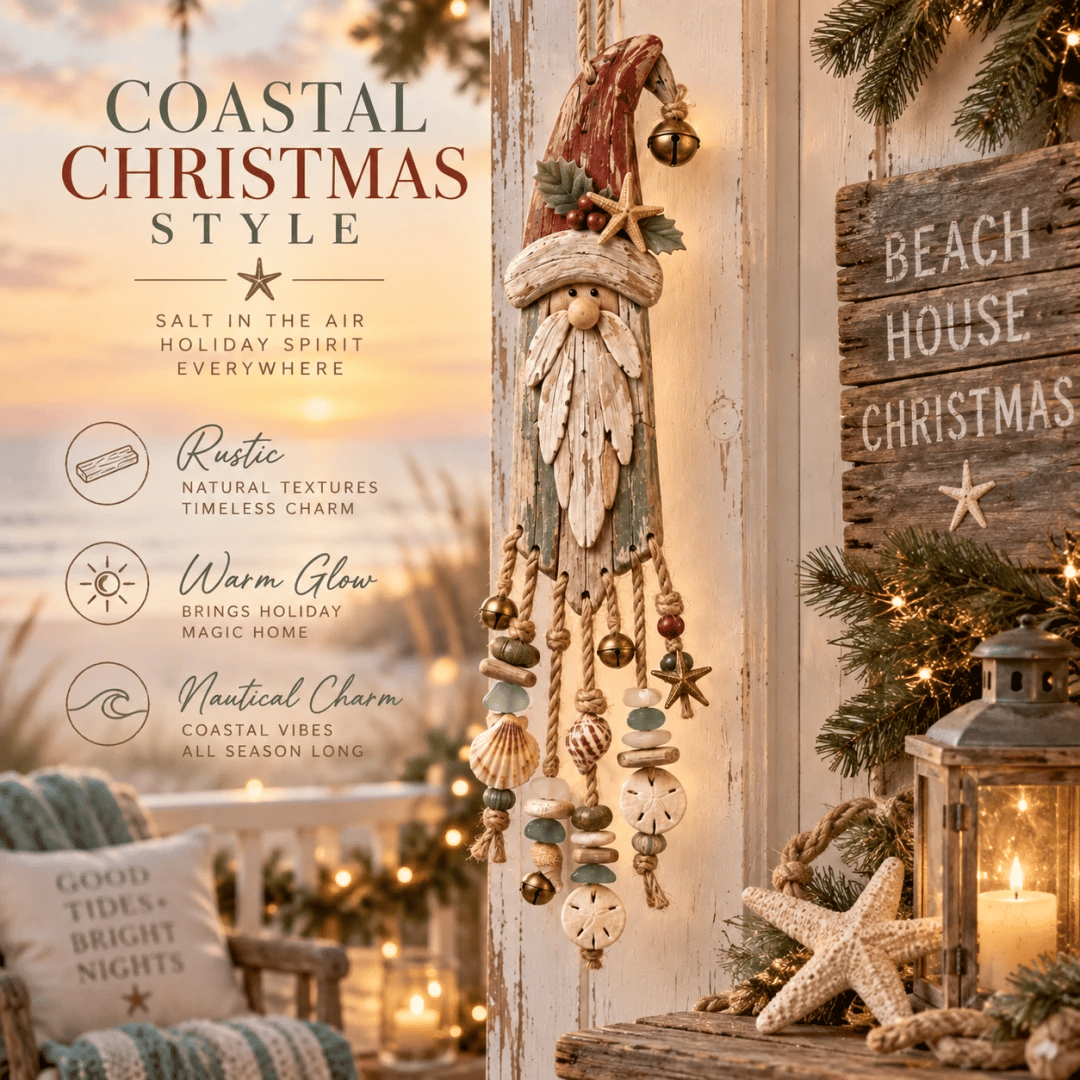 🔔Hot Sale 50% OFF🎄Vintage Coastal Santa Lighted Wall Decor – Beach House Christmas Hanging with Starfish, Shells & Warm Glow🌙