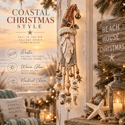 🔔Hot Sale 50% OFF🎄Vintage Coastal Santa Lighted Wall Decor – Beach House Christmas Hanging with Starfish, Shells & Warm Glow🌙