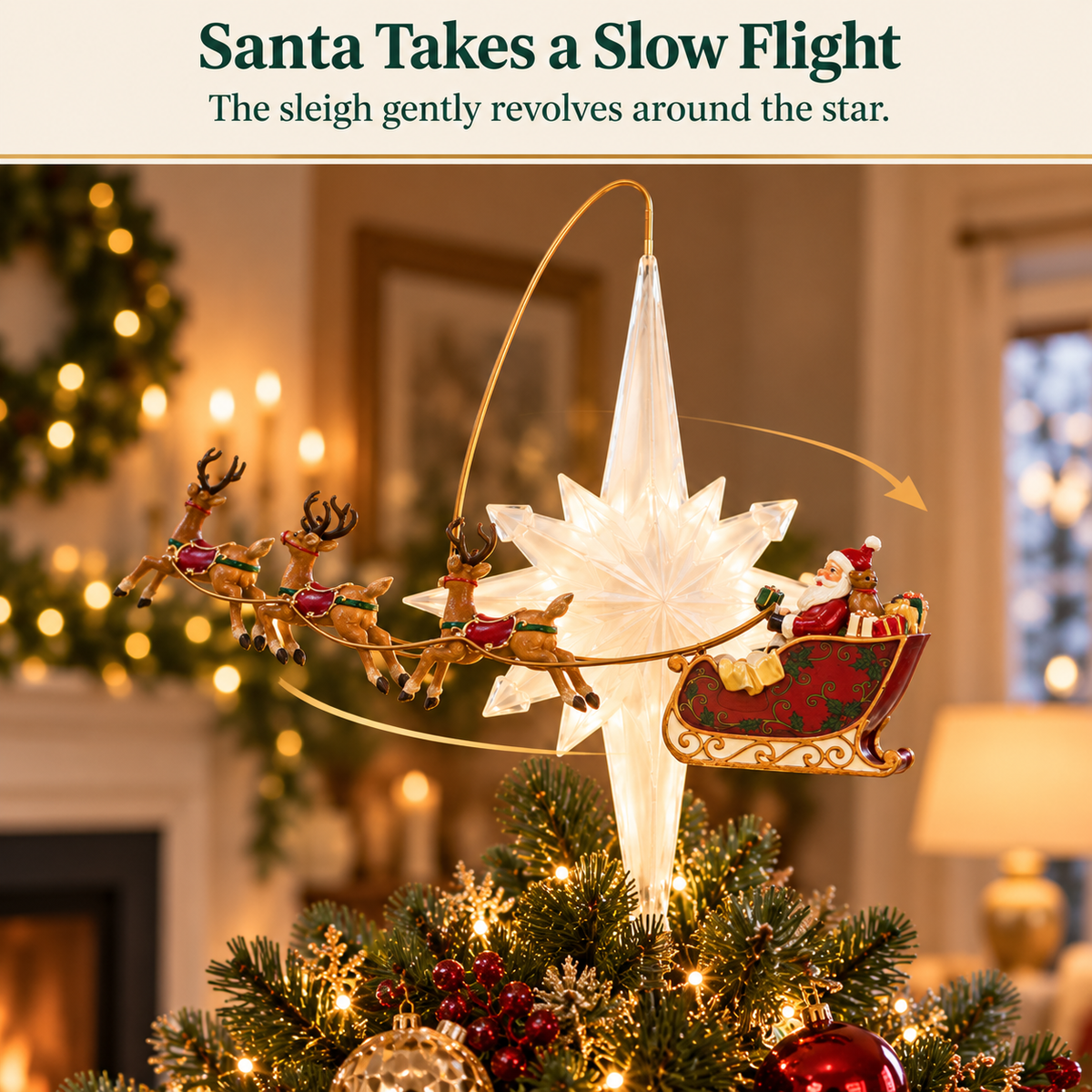 Animated Santa Sleigh Christmas Tree Topper 🎅⭐ – Lighted Rotating Holiday Decoration