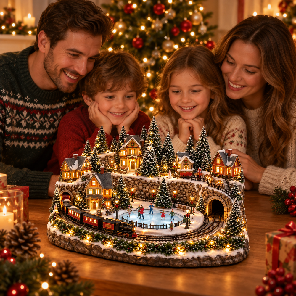 Parents and children smiling at the miniature snowy village on Christmas