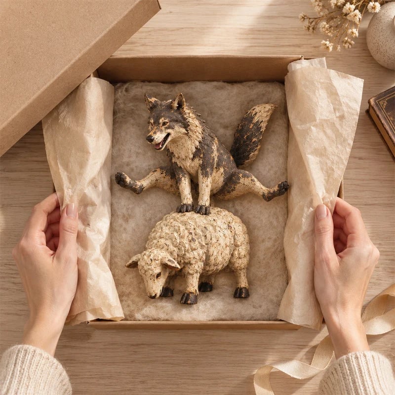 Funny Wolf Riding Sheep Figurine 🐺🐑 – Whimsical Rustic Farmhouse Animal Decor