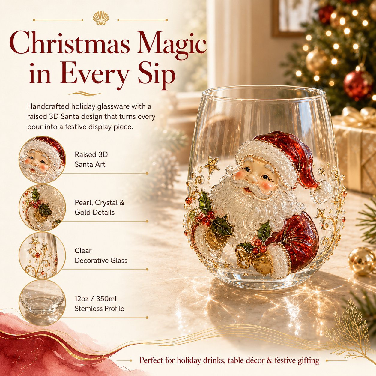 3D Christmas Glass Art Cup | Luxury Raised Holiday Glassware for Drinks, Decor & Christmas Gifts 🎁