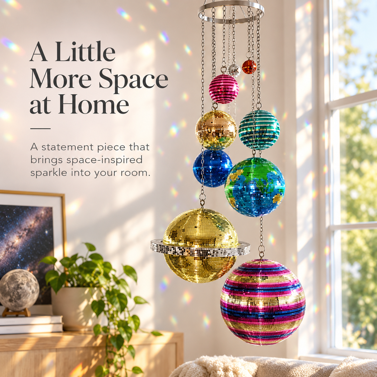 🪐 Solar System Disco Ball Hanging Mobile – Colorful Reflective Celestial Room Decor