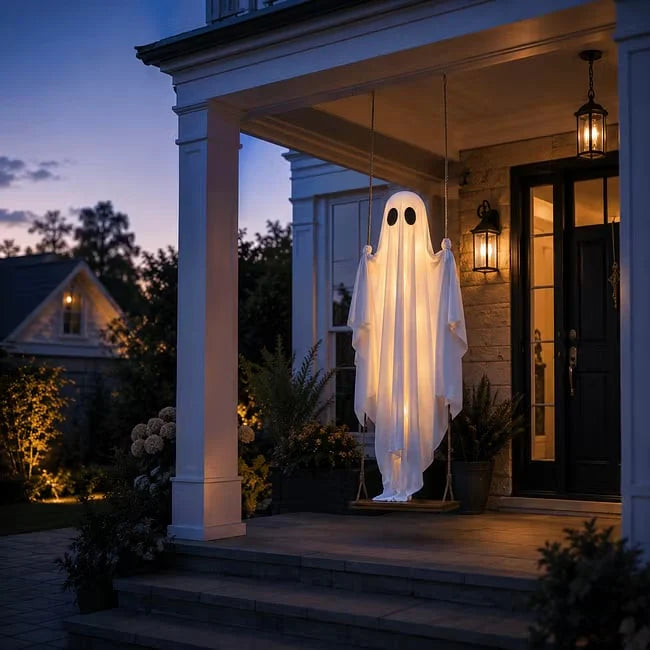 👻 Halloween Light-Up Hanging Swing Ghost – Spooky Porch &amp; Yard Decoration 🎃