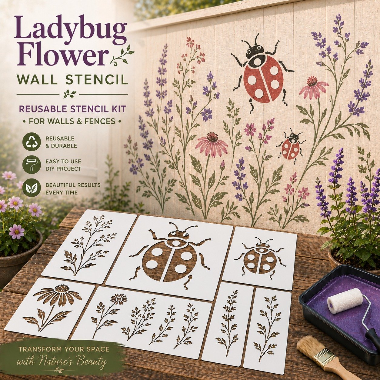 🦋🌸Last Day 50% OFF - 🌿Garden Bloom Wall Stencil Kit | DIY Garden Painting Templates for Every Space