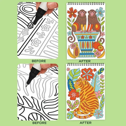 🌿Trace-By-Groove Jungle Oasis – Guided Flow Art Coloring Pad with Double-Sided Markers🎨