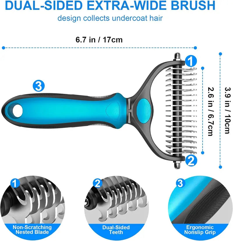 🐾Double-Sided Pet Grooming Brush – Hurtless Shedding & Dematting Undercoat Rake for Dogs and Cats