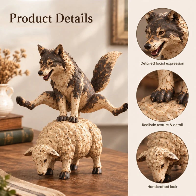 Funny Wolf Riding Sheep Figurine 🐺🐑 – Whimsical Rustic Farmhouse Animal Decor