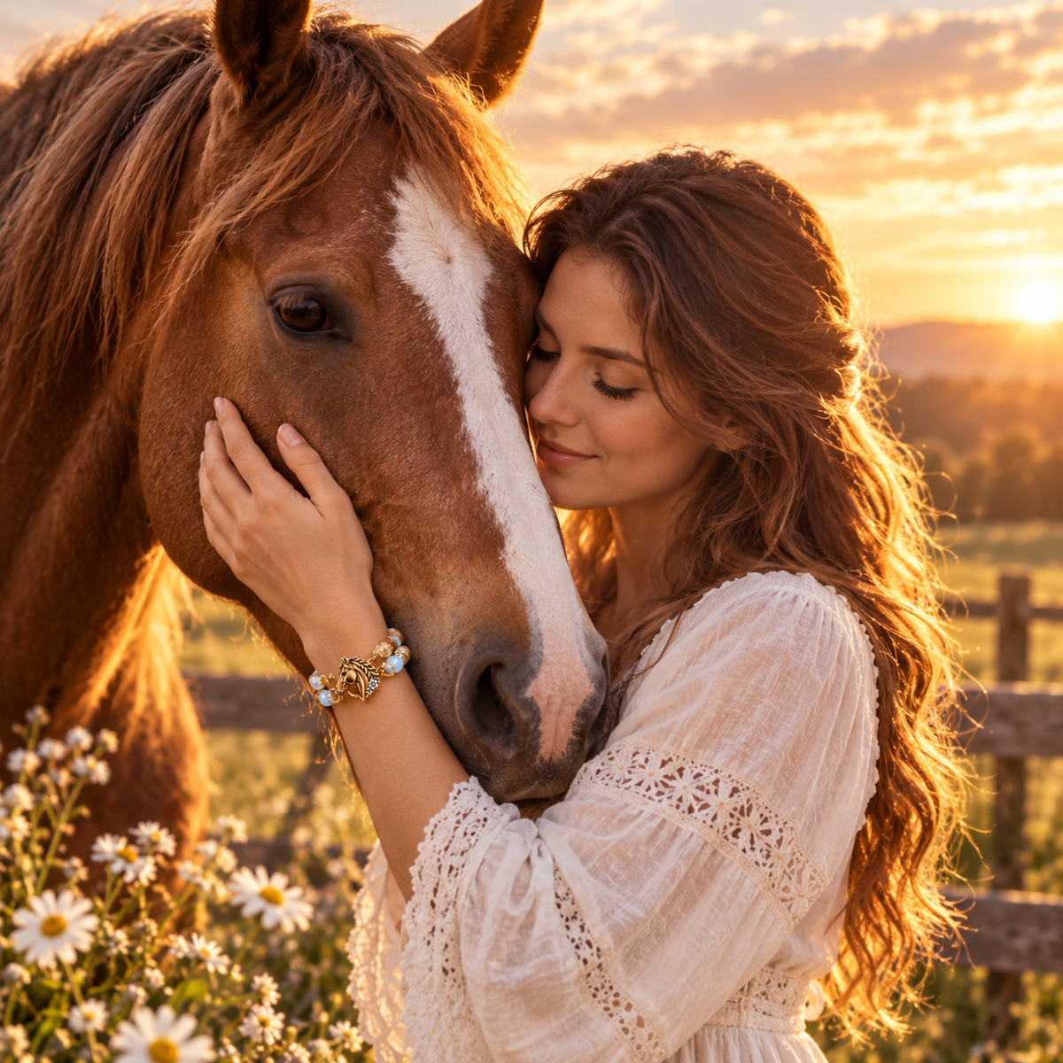 Woman with horse at sunset wearing horse bracelet