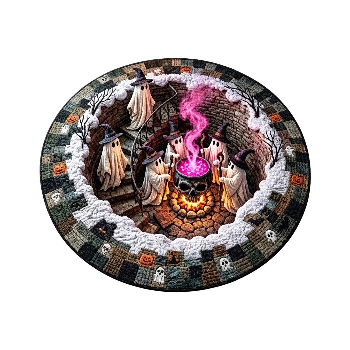 🔥 3D Skeleton Vortex Quilted Round Rug – Spooky Halloween Optical Illusion 👻