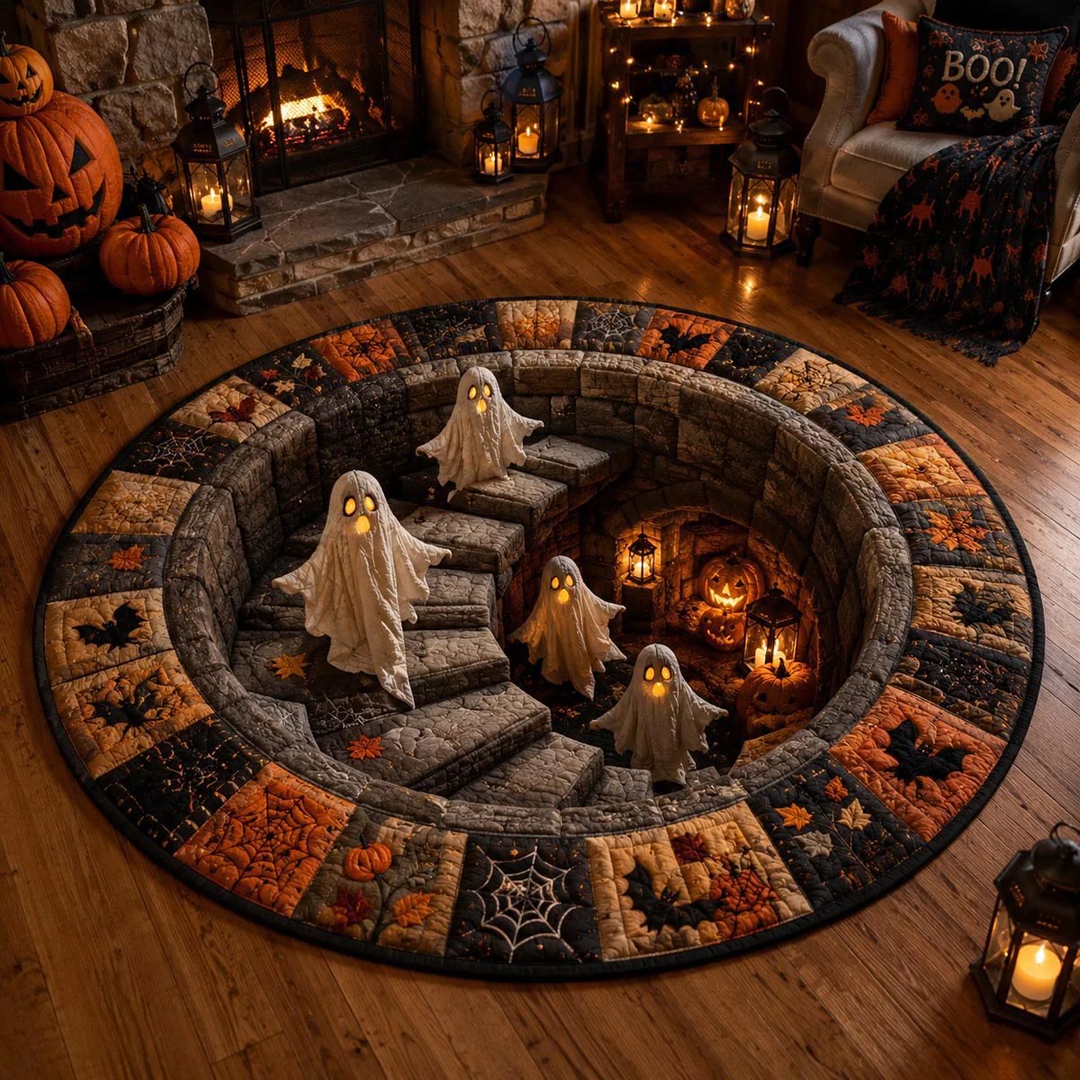 🔥 3D Skeleton Vortex Quilted Round Rug – Spooky Halloween Optical Illusion 👻