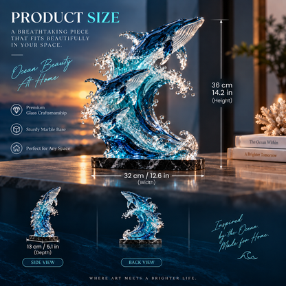 🐋🌊 Ocean Spirit Whale Sculpture – Three Whales Rising Through a Glass Wave
