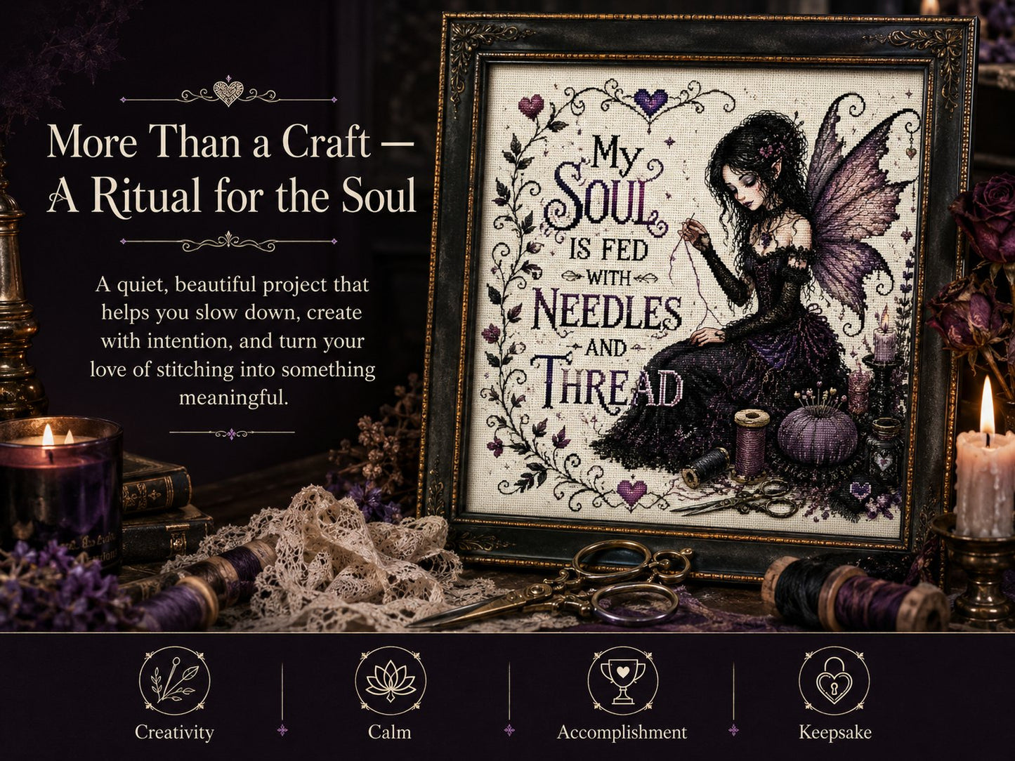 🔥Last Day 50% OFF - 💜 Soul Fed Gothic Fairy Cross Stitch Kit | Mindful Dark Academia Craft Kit for Stress Relief, Slow Living & Handmade Wall Art Decor ✨