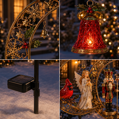 Christmas Solar Crescent Moon Garden Stake Light – Cardinal, Angel & Nutcracke