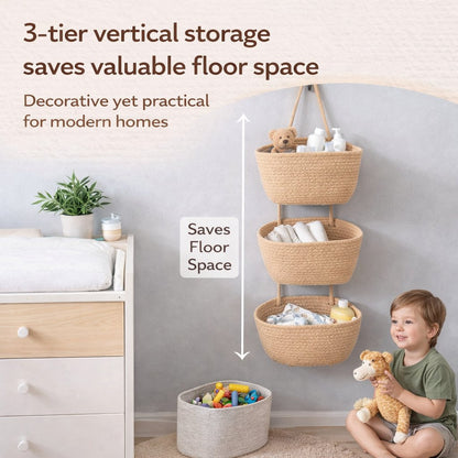 🔥HOT SALE🔥🧺Woven cotton 3-Tier Over the Door Basket, Wall-Mounted Jute Storage Organizer