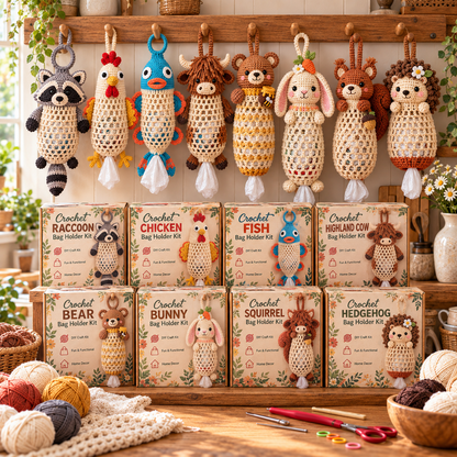 🔥LAST DAY 49% OFF – 🌼 Cottage Harvest Keepers™ — Crochet Animal Bag Holder DIY Kit | 13 Adorable Designs