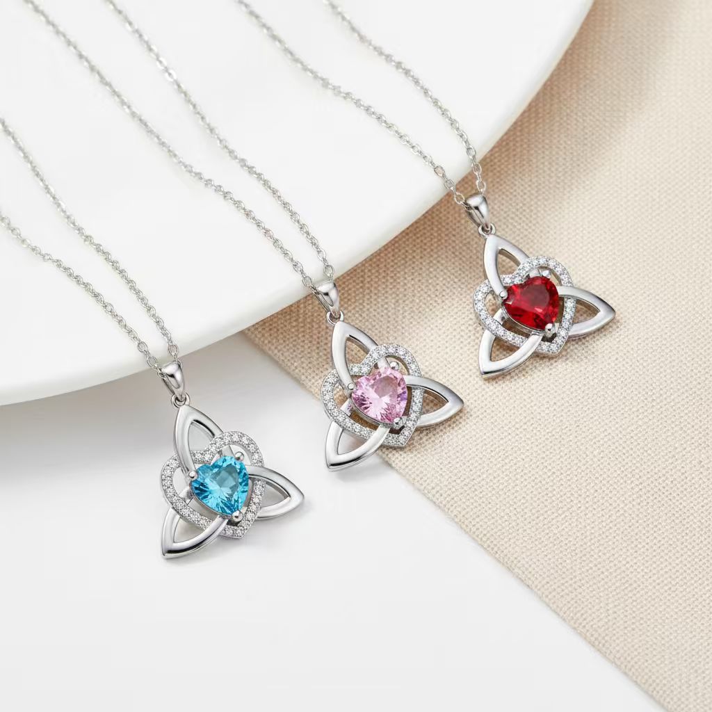 Birthstone Celtic Trinity Knot Heart Necklace✨ Heart Shape Celtic Trinity Knot Birthstone Pendant